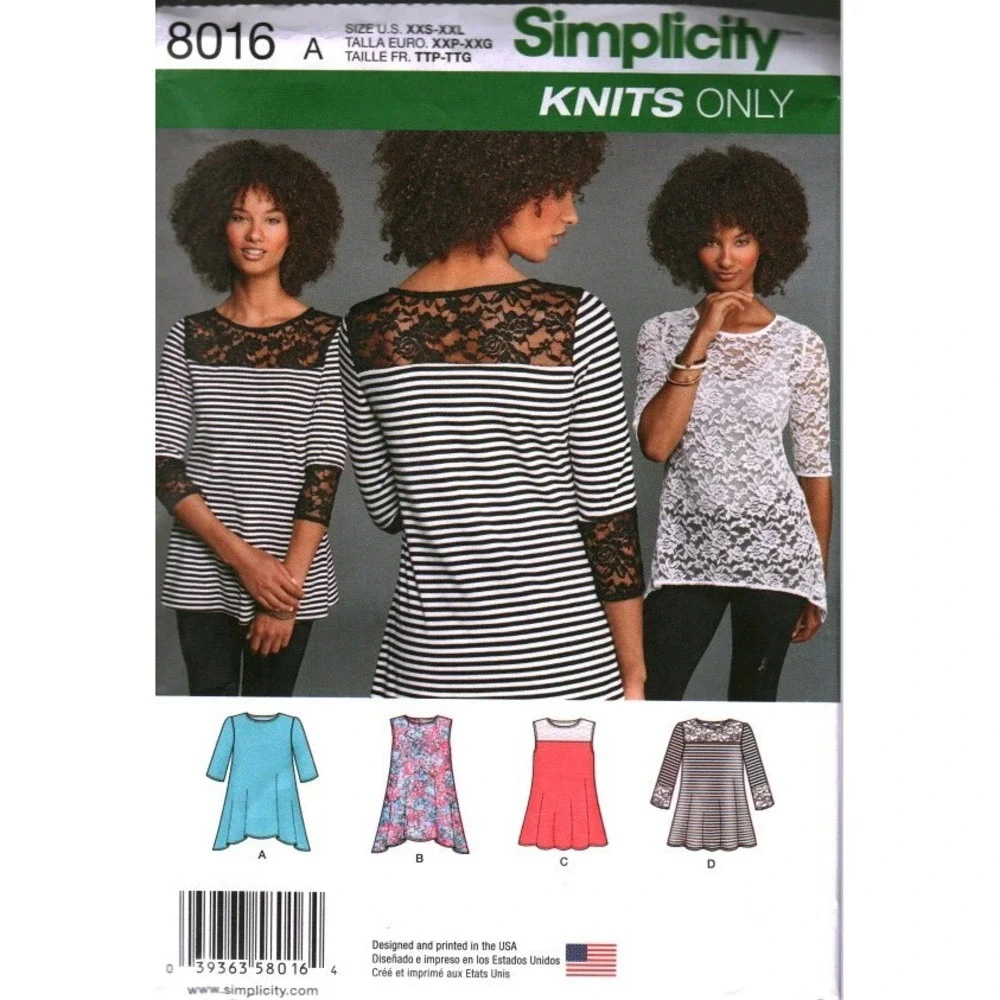 Simplicity 8016 Sewing Pattern Misses Knit Tops Tunics Lace Yoke Size XXS-M
